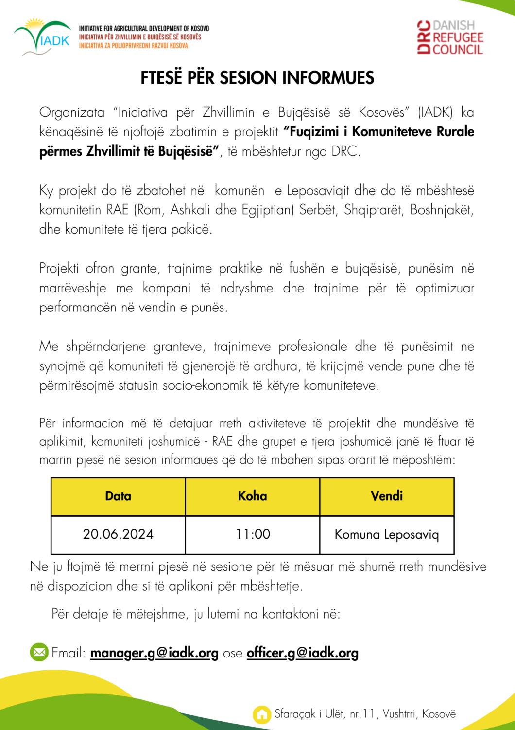 INVITATION FOR INFORMATION SESSION IN THE MUNICIPALITY OF LEPOSAVIC